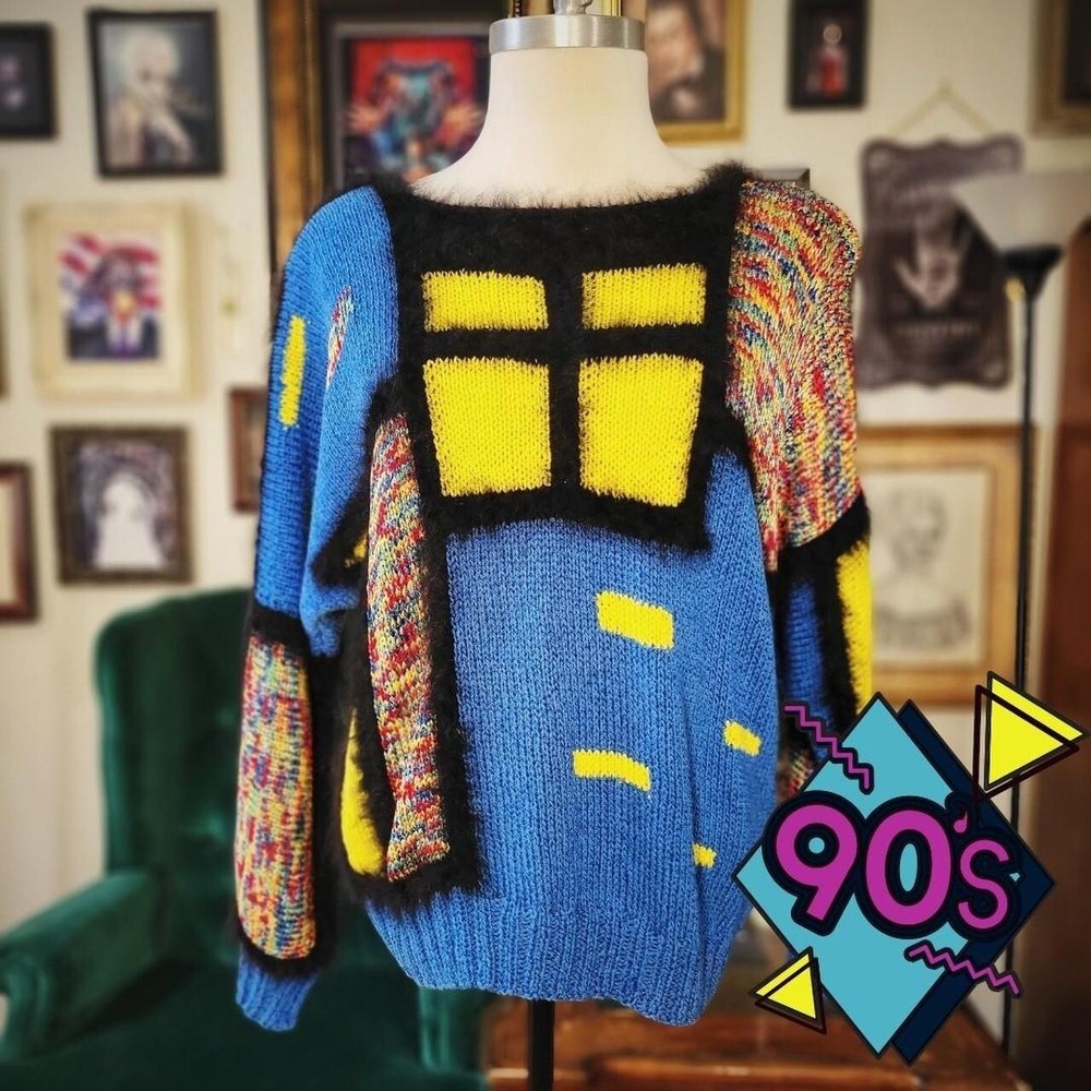 Colorblock Sweater Abstract Knit Vintage 90s Angora Fur Trim Blue Yellow M/L